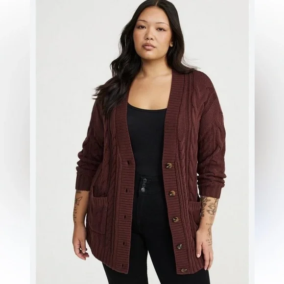 NWT Torrid Burgundy Purple Cable Knit Longline Boyfriend V-Neck Cardigan Sz 3 - Picture 2 of 14